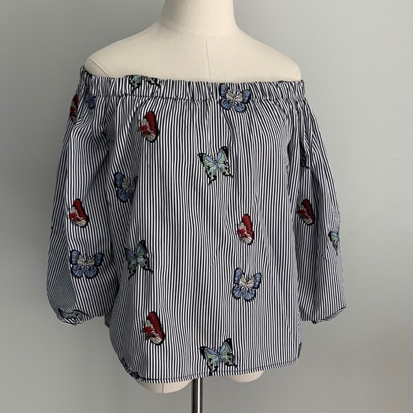 Zara embroidered butterfly striped puff sleeve top off shoulder size medium - Picture 3 of 6